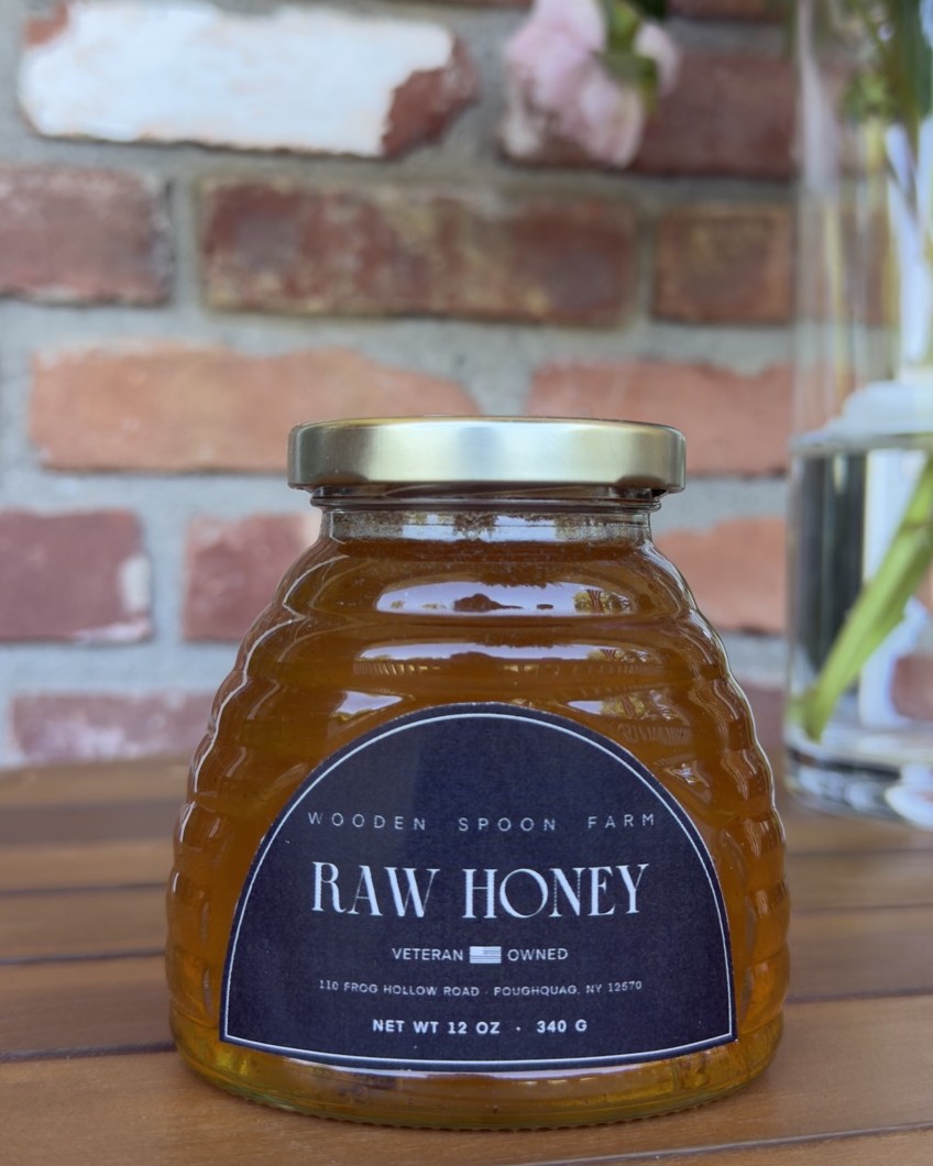The Skep — 12 oz raw honey in a half-skep glass jar